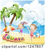 Poster, Art Print Of Energetic Children Playing On A Tropical Beach With A Summer Banner