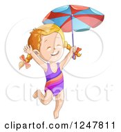 Poster, Art Print Of Happy Girl Jumping In A Swimsuit And Holding An Umbrella