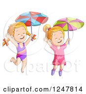 Poster, Art Print Of Happy Girls Jumping With Umbrellas