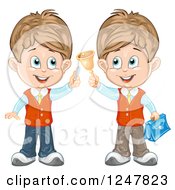 Clipart Of School Boys Holding Chalk And A Bell Royalty Free Vector Illustration