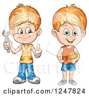 Clipart Of Boys Holding A Wrench And Basketball Royalty Free Vector Illustration