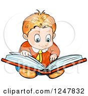 Clipart Of A Boy Reading A Book On The Floor Royalty Free Vector Illustration