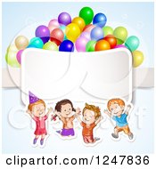 Poster, Art Print Of Excited Children Jumping With Party Balloons Over A Ribbon