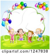 Poster, Art Print Of Excited Children Jumping With Party Balloons Over A Cloud Frame
