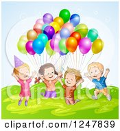 Poster, Art Print Of Excited Children Jumping With Party Balloons Over Hills