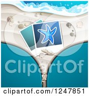 Clipart Of A Zipper Over A White Sandy Beach With Pictures And Surf Royalty Free Vector Illustration