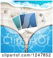 Clipart Of A Zipper Over A White Sandy Beach With Pictures And Bubbly Surf Royalty Free Vector Illustration