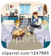 Clipart Of College Guy Roomats Reading And Playing A Guitar In Their Dorm Royalty Free Vector Illustration