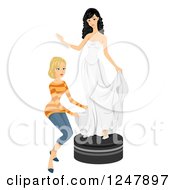 Clipart Of A Happy Bride And Designer Altering A Dress Royalty Free Vector Illustration