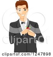 Poster, Art Print Of Handsome Groom Putting A Corsage On His Jacket