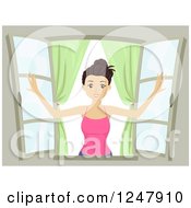 Clipart Of A Young Woman Opening Her Windows Royalty Free Vector Illustration
