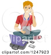 Teenage Guy Sitting On The Floor With A Cell Phone Tablet And Laptop