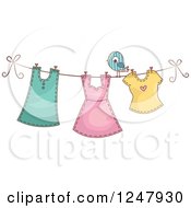 Poster, Art Print Of Girls Clothing Hanging On A Clothesline With A Bird