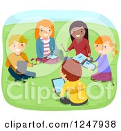 Clipart Of Teenage Students Studying And Using A Tablet In A Park Royalty Free Vector Illustration