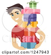Clipart Of A Young Man Carrying A Stack Of Presents Royalty Free Vector Illustration