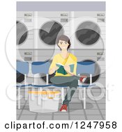 Poster, Art Print Of Happy Young Man Reading And Sitting In A Laundromat