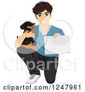 Poster, Art Print Of Teenage Guy Kneeling With A Puppy And A Certificate Or Sign