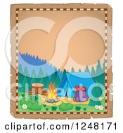 Clipart Of An Aged Parchment Page With A Mountainous Camp Site Royalty Free Vector Illustration