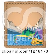 Poster, Art Print Of Aged Parchment Page With A Mountainous Lake Camp Site