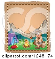 Clipart Of An Aged Parchment Page With A Camping Scout Boy By A Camp Fire Royalty Free Vector Illustration by visekart