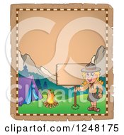 Poster, Art Print Of Aged Parchment Page With A Camping Scout Girl And A Sign