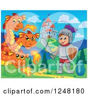 Poster, Art Print Of Three Headed Orange Fire Breathing Dragon And Knight Near A Castle