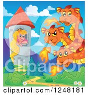 Poster, Art Print Of Three Headed Orange Fire Breathing Dragon Guarding A Princess In A Tower