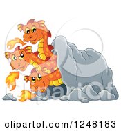 Poster, Art Print Of Three Headed Orange Fire Breathing Dragon In A Cave