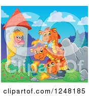 Clipart Of A Three Headed Orange Fire Breathing Dragon In A Cave Near A Princess In A Tower Royalty Free Vector Illustration by visekart