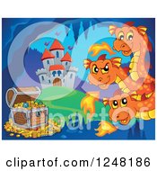 Poster, Art Print Of Three Headed Orange Fire Breathing Dragon Guarding Treasure In A Cave Near A Castle