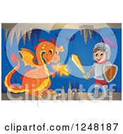Poster, Art Print Of Orange Fire Breathing Dragon And Knight In A Cave