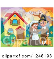 Clipart Of A Young Pilgrim Thanksgiving Couple In The Front Yard Of A Home Royalty Free Vector Illustration by visekart