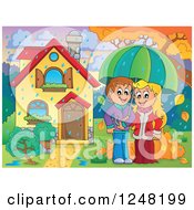 Poster, Art Print Of Young Couple With An Umbrella In The Rain In The Front Yard Of A Home