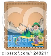 Poster, Art Print Of Aged Parchment Page With A Man Fishing In A Mountainous Lake