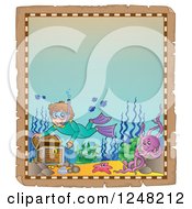 Poster, Art Print Of Aged Parchment Page With A Boy Snorkeling To A Sunken Treasure Chest