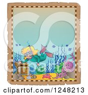 Poster, Art Print Of Aged Parchment Page With A Girl Snorkeling To A Sunken Treasure Chest
