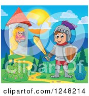 Poster, Art Print Of Happy Knight Near A Princess In A Tower