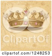 Clipart Of A Gold Princess Crown With Pink Gems On Aged Parchment Royalty Free Vector Illustration