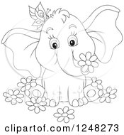 Poster, Art Print Of Black And White Cute Elephant With A Butterfly And Flowers