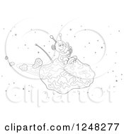 Black And White Happy Alien Flying An Asteroid Spaceship