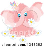 Clipart Of A Cute Pink Elephant With A Butterfly And Daisy Flowers Royalty Free Vector Illustration