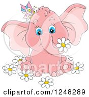 Cute Pink Elephant With A Butterfly And Flowers
