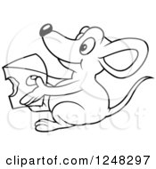 Clipart Of A Black And White Mouse Holding Cheese Royalty Free Vector Illustration