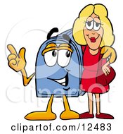 Blue Postal Mailbox Cartoon Character Talking To A Pretty Blond Woman by Mascot Junction