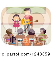 Poster, Art Print Of Stick Father And Daughter Singing And Playing A Guitar In Front Of A Class