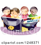 Poster, Art Print Of Happy Diverse Children Reading An Astronomy Book