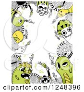 Poster, Art Print Of Doodle Monster Border In Green And Black And White