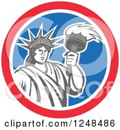 Retro Statue Of Liberty With A Torch In A Red White And Blue Circle