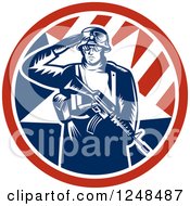 Poster, Art Print Of Retro Woodcut Soldier Saluting And Holding A Gun Inside An American Circle