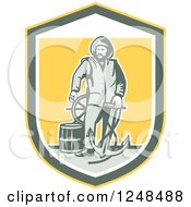 Retro Fisherman With An Anchor Drum And Helm In A Shield